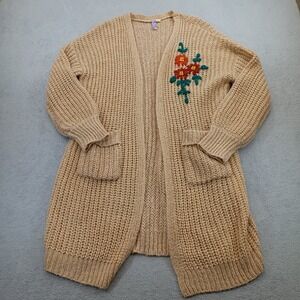 Alya Womens Floral Embroidered Open Knit Cardigan Tan Gold L Longline Sweater